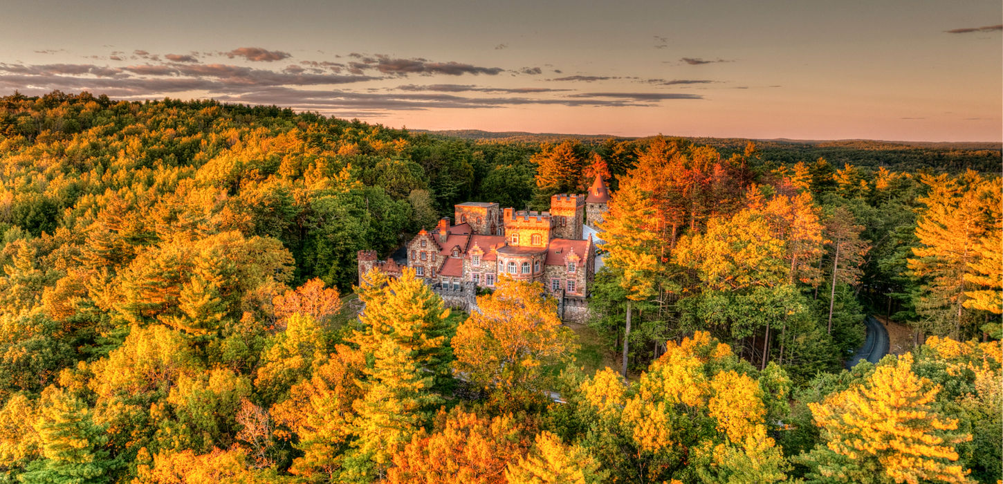 Aerial Drone HDR Imagery of Searles Castle Event Destination for Weddings Fundraisers & Functions at Sunset