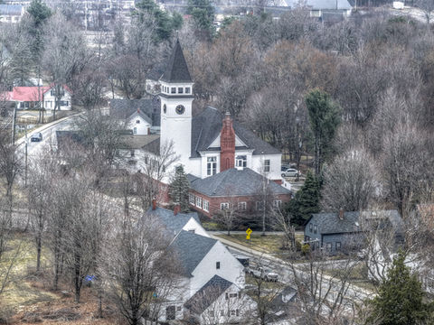 Aerial drone Hollis NH town hall in winter
