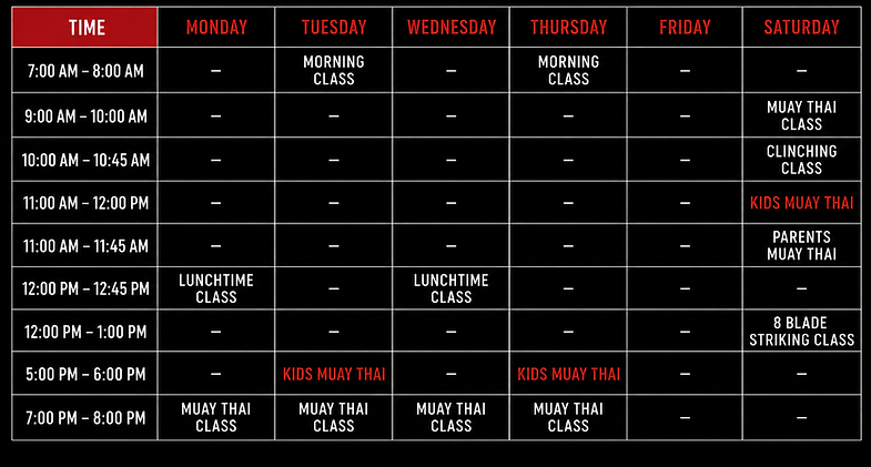 Weekly Muay Thai class timetable for adults, beginners and members at 8 Blade Warriors.