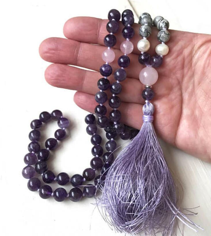 Thumbnail: Amethyst Jasper Rose Quartz Freshwater Pearl 108 Beads Mala