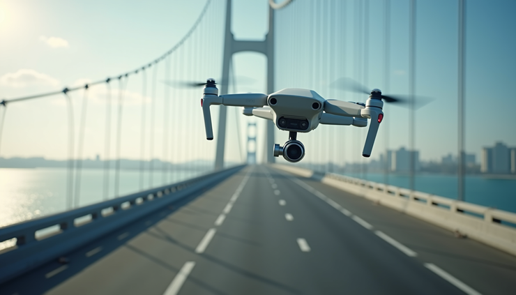 Eye-level view of a drone scanning a bridge with Lidar sensors attached