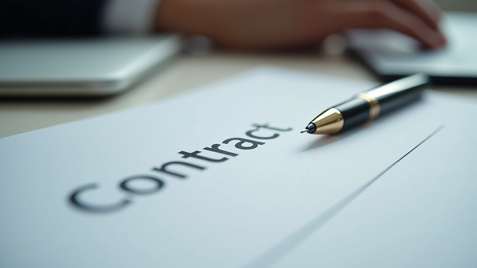 Close-up view of a contract document with a pen on a desk