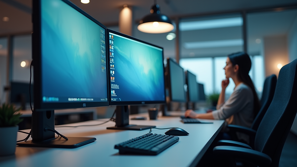 Eye-level view of a modern office workspace with multiple computer screens