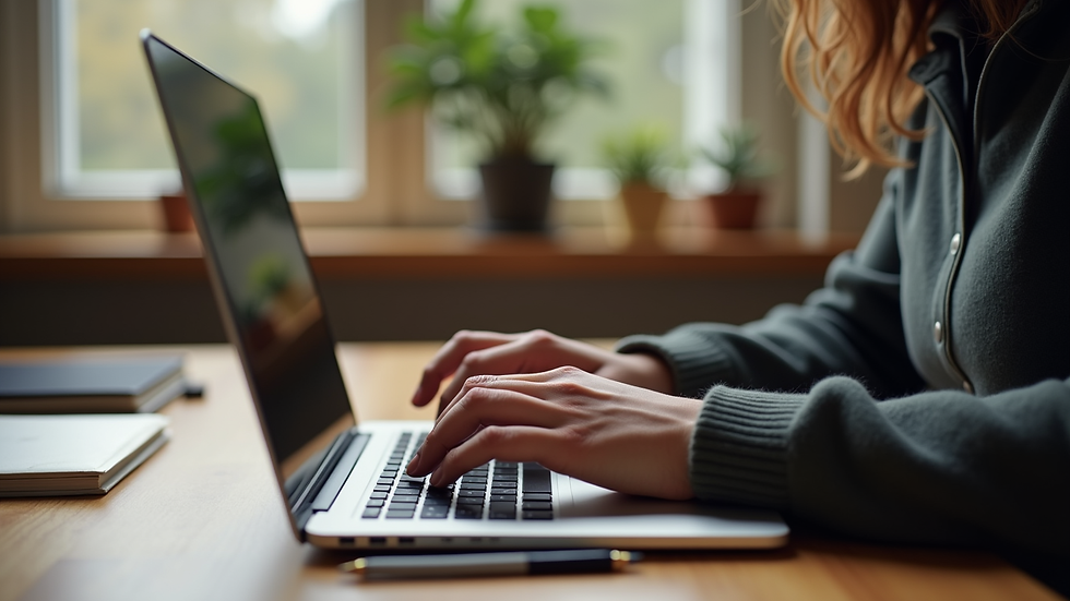 Close-up view of a freelancer working on a laptop at a cozy workspace