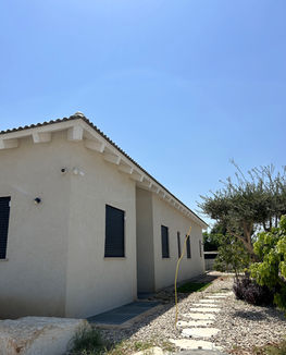 גג רעפים גלוי עם קונסטרוקציית עץ גושני בגוון לבן, מבט חיצוני  מהחצר על היקף הגג והחצר האחורית בבית פרטי