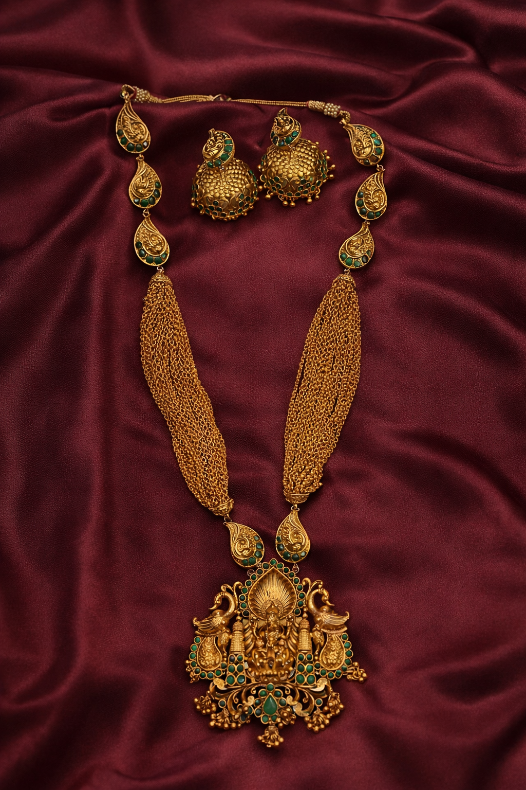 Traditional Goddess Laxmi Pendant Long Chain Necklace with Green Stones