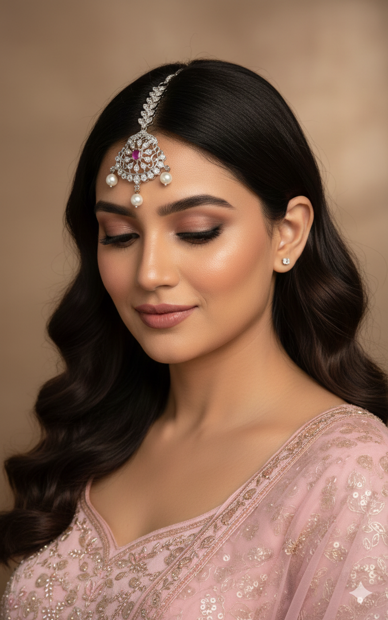 Silver Maang Tikka with pink stone