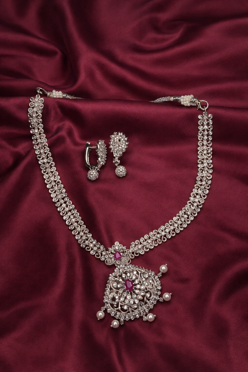 Antique Silver Oxidized Finish CZ Pendant Necklace with Pearls