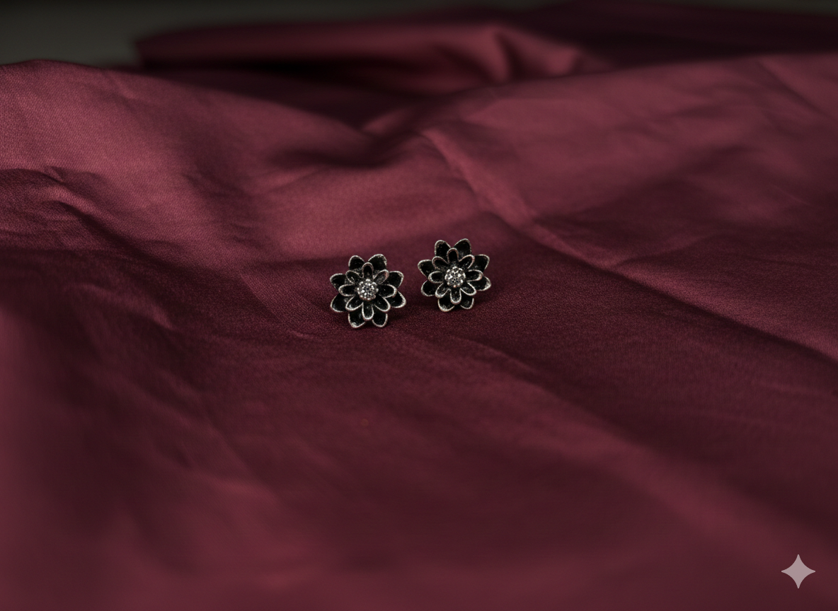 Dark Oxidized Silver Double Layer Lotus Flower Studs