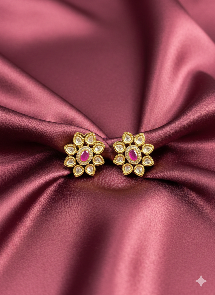 Kundan Floral Studs with Oval Ruby Center