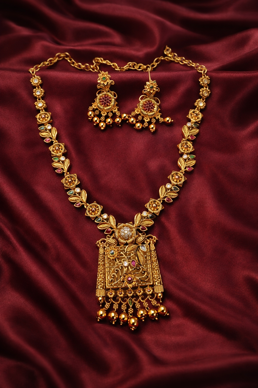 Antique Gold-Plated Rectangular Temple Pendant Necklace