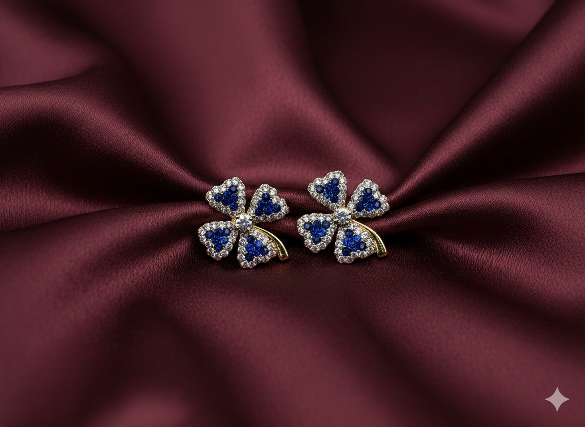 Royal Blue and White CZ Stone Gold Plated Floral Clover Earrings