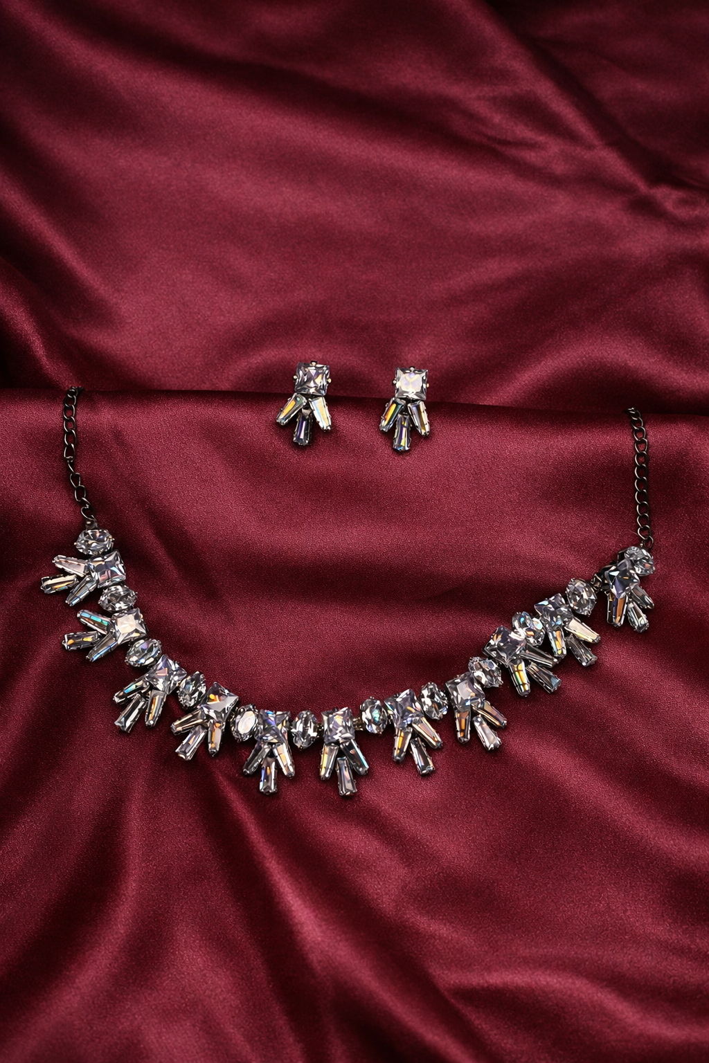 Modern Rhodium Plated Baguette Cut CZ Crystal Choker Set