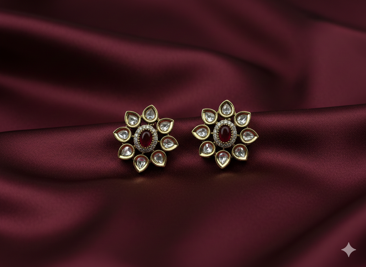Gold Kundan Flower Studs