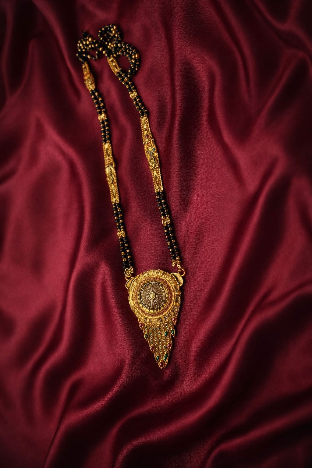 Elegant Gold-Plated Sunburst Pendant Mangalsutra with Black Bead Chain