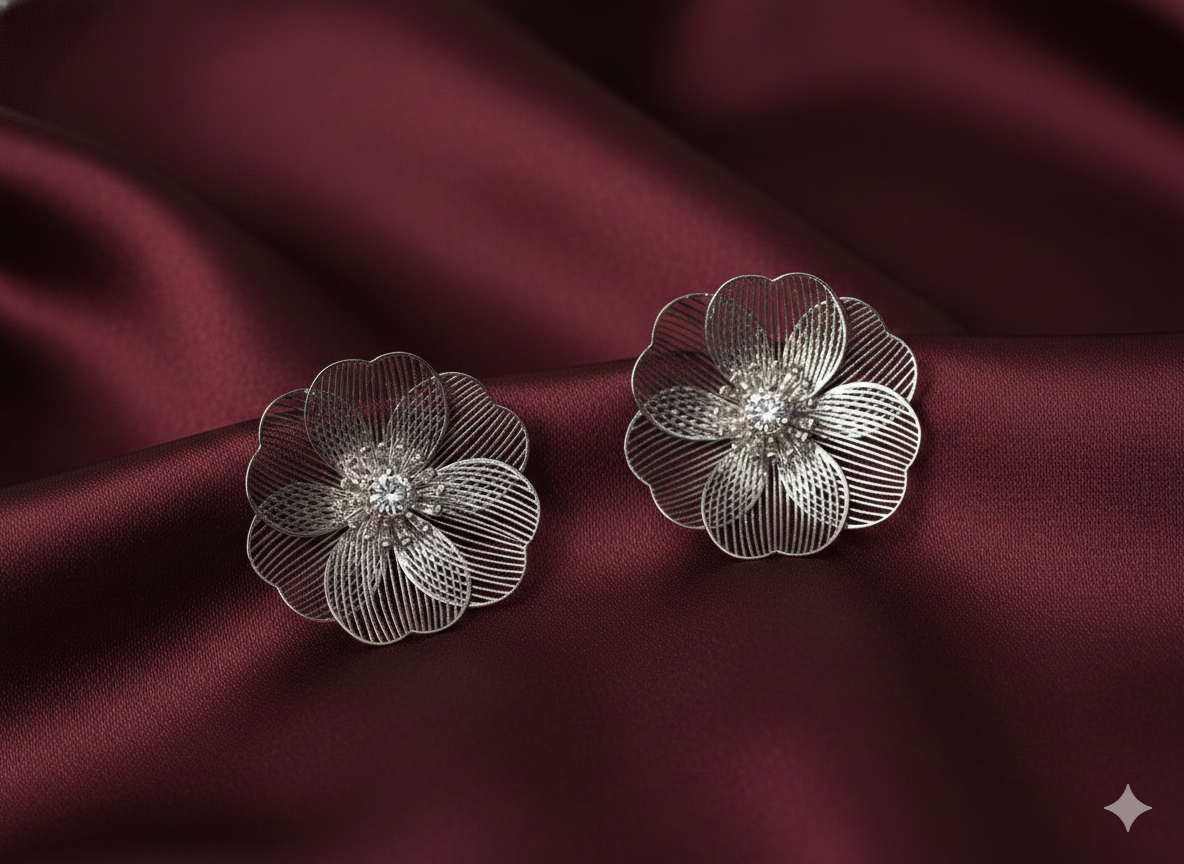 Silver Oxidized Wire-Cut Layered Floral Statement Stud Earrings