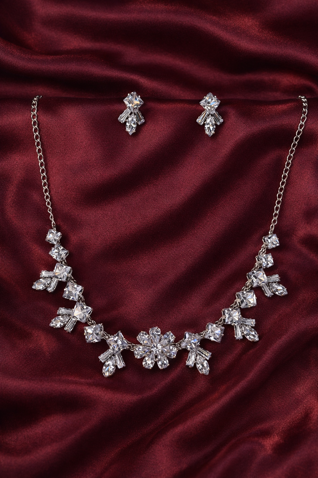 Silver Finish Marquise Crystal Floral Statement Necklace Set