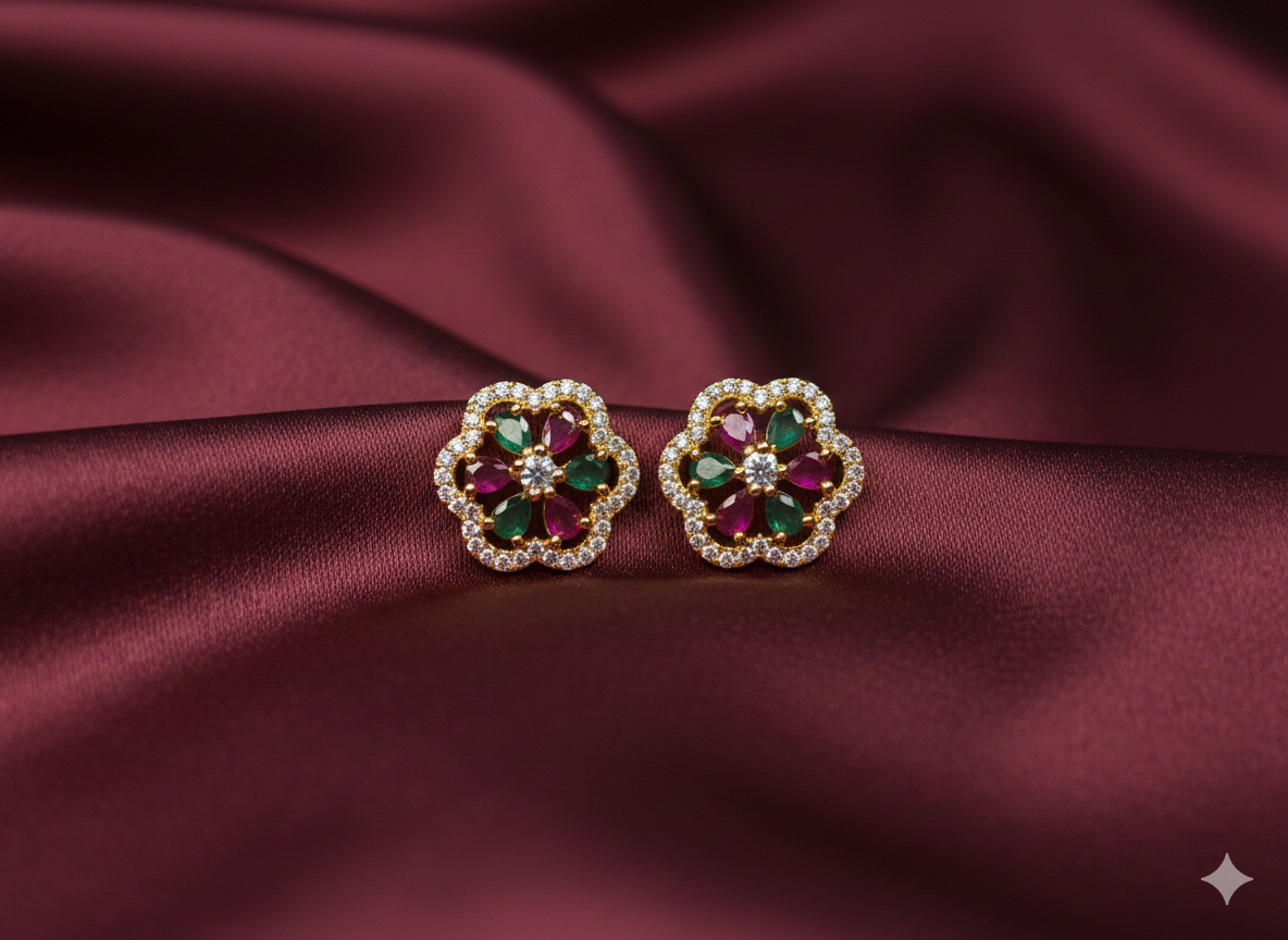 Multicolour Ruby & Emerald Stone Floral Studs with Crystal Border