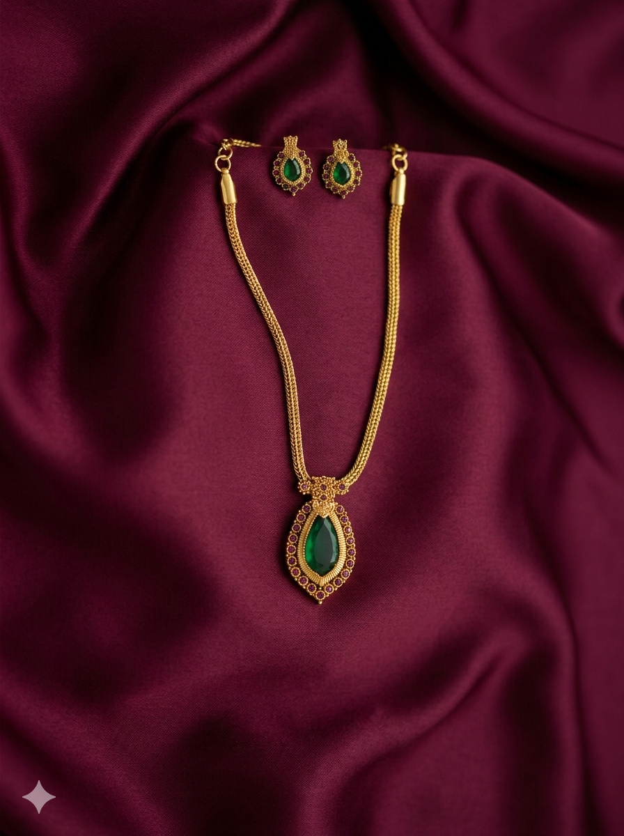 Emerald Green Stone Pendant Necklace Set
