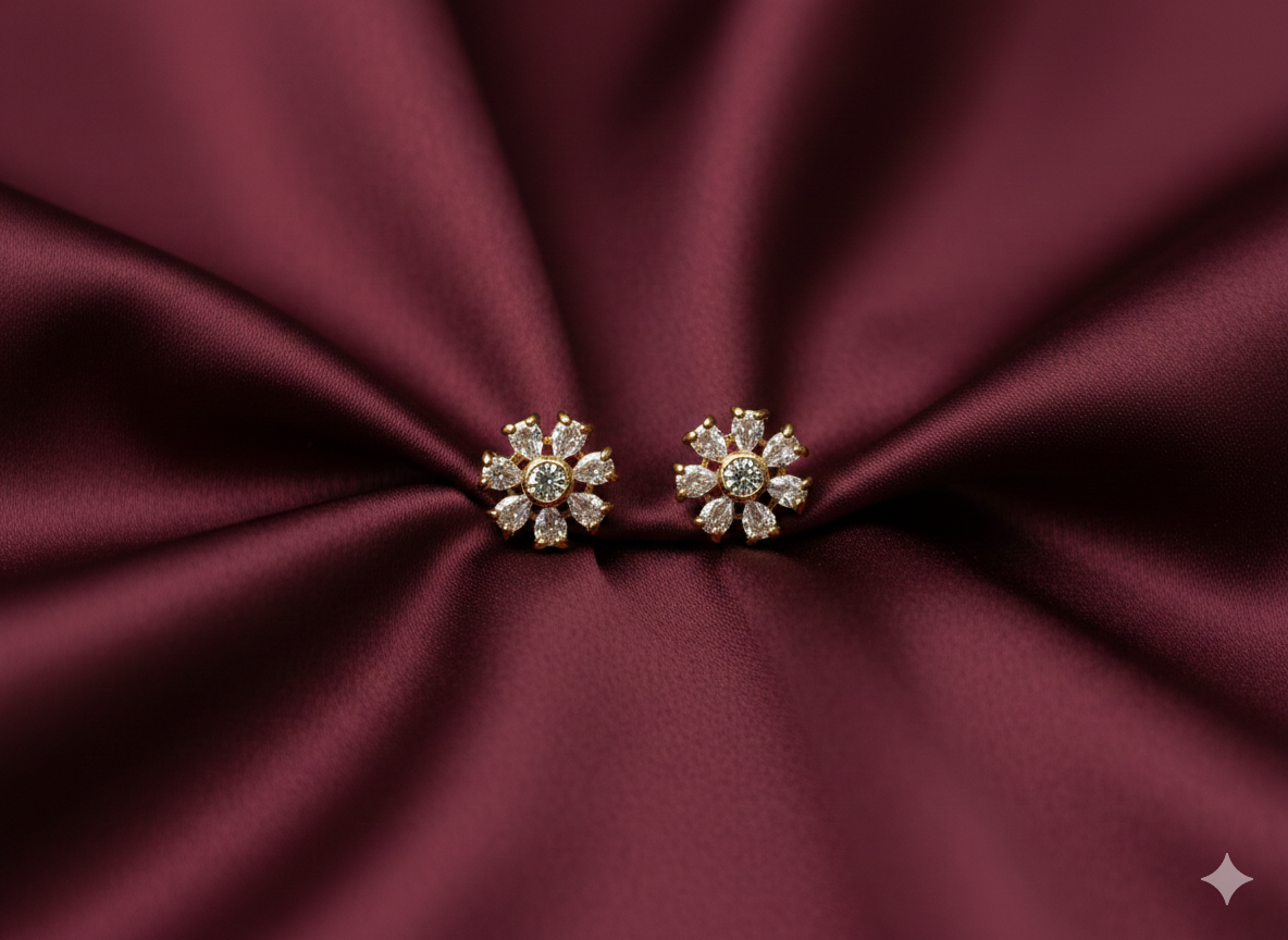 Sparkling White AD Stone Floral Stud Earrings in Gold Finish