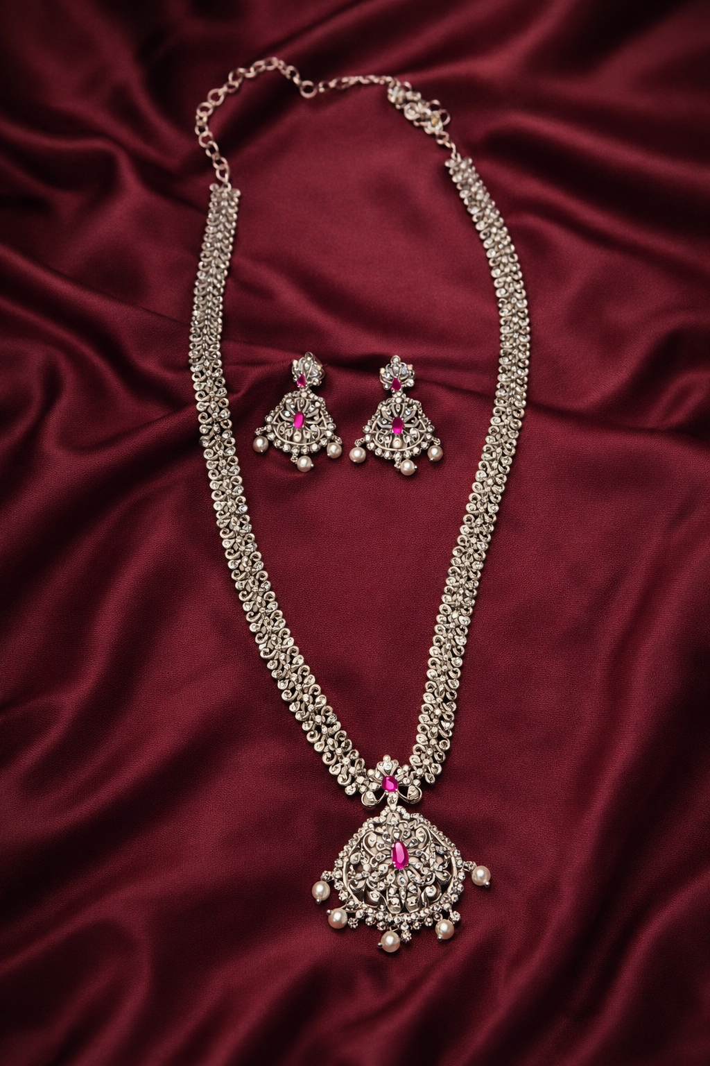 Silver-Plated Ruby Pink Floral Long Necklace Set