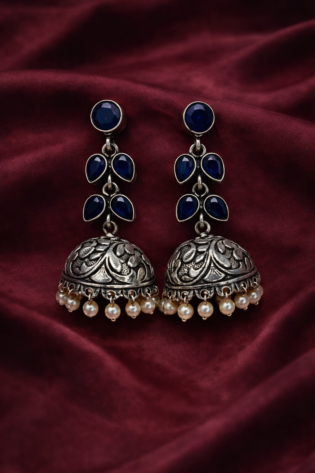 Oxidized Silver Jhumka Earrings with Blue Stones and Pearls