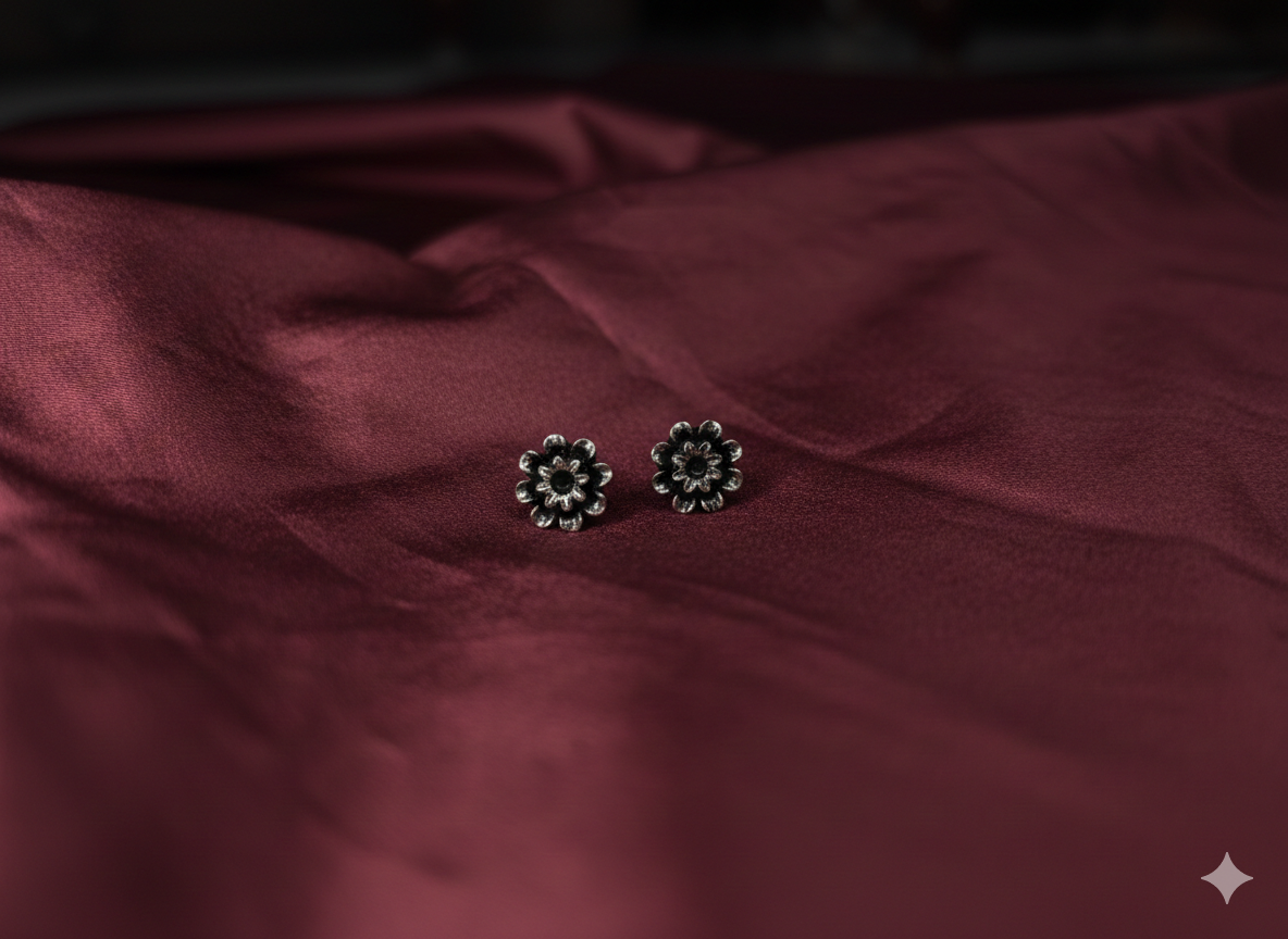 Boho Style Oxidized Silver Mini Sunburst Floral Studs