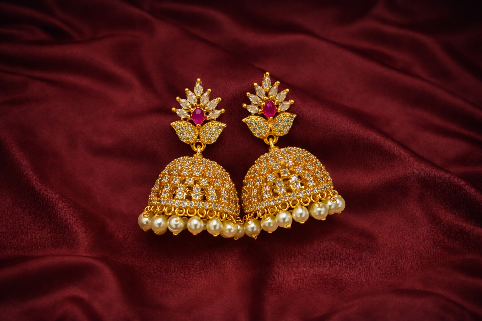 Gold Plated CZ Stone & Ruby Jhumkas