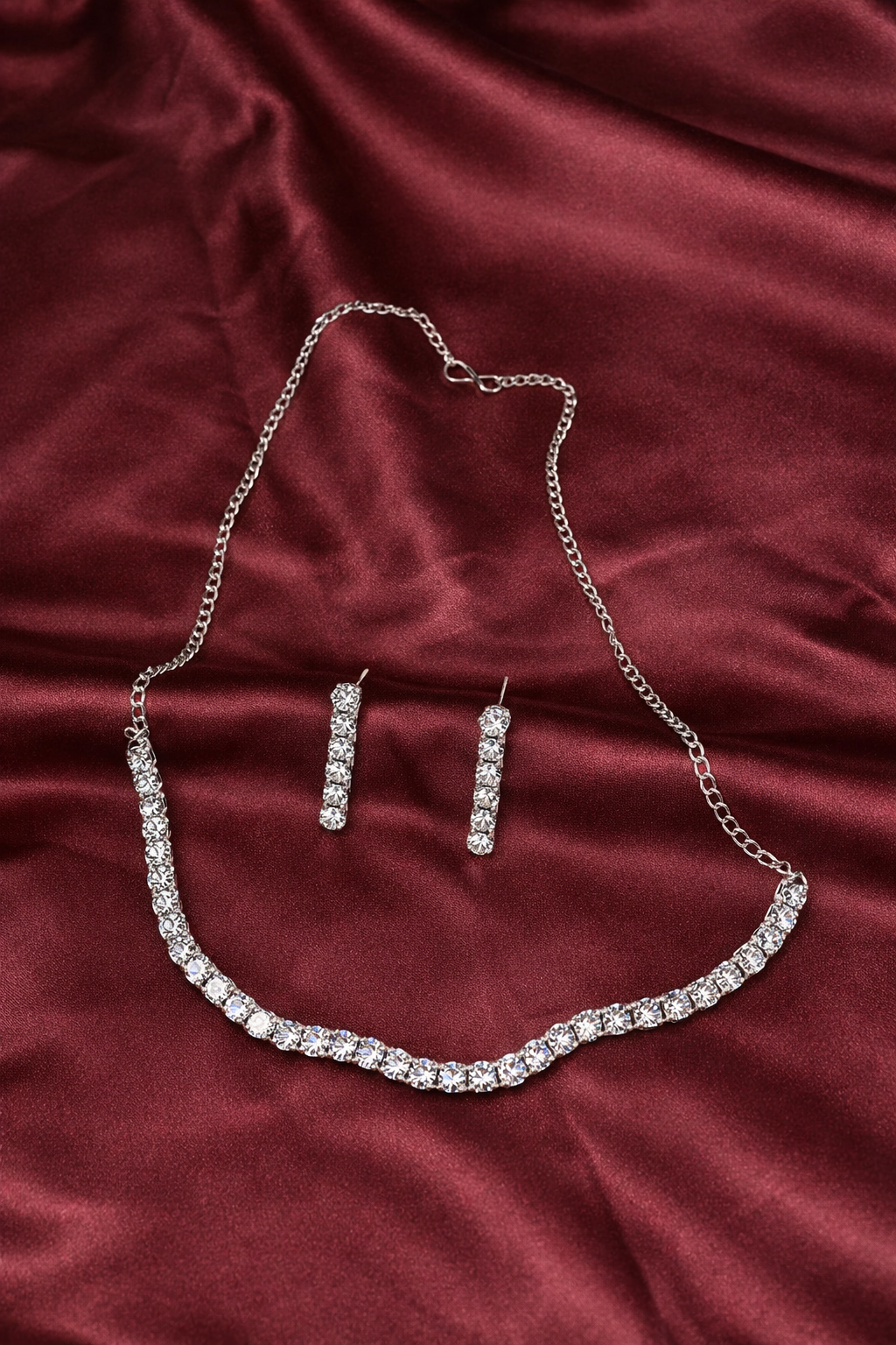 Minimalist Silver Single Strand Crystal Tennis Necklace Set