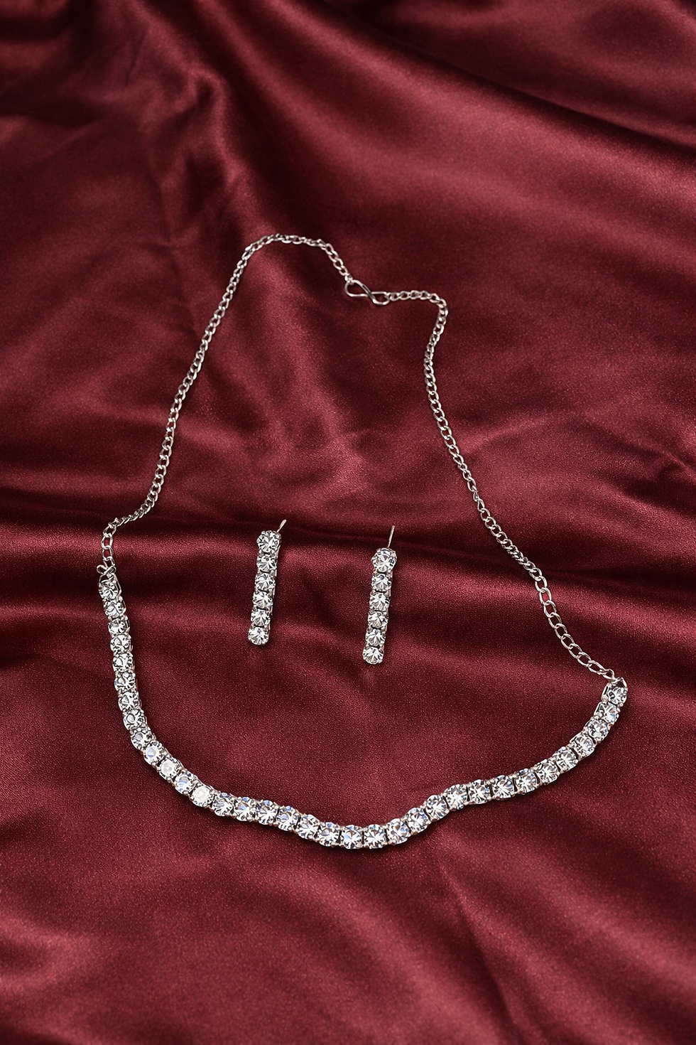 Silver Single Strand Crystal Tennis Necklace Set