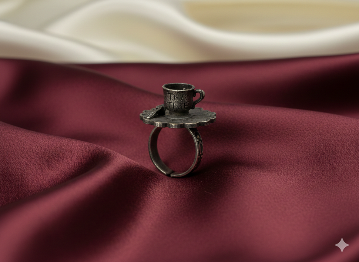 Silver Oxidized Tea Cup & Saucer Statement Ring