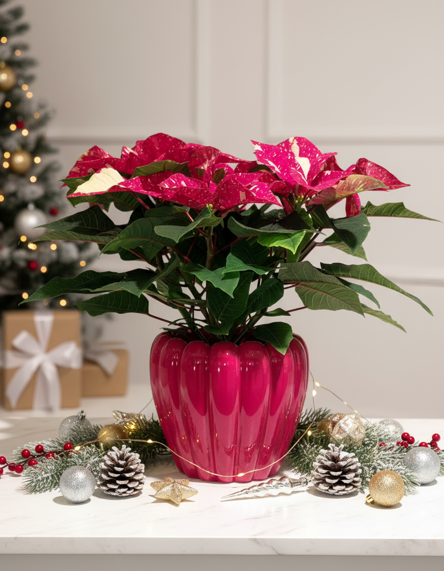 Poinsettia rouge avec cache-pot décoratif rose posé sur une table