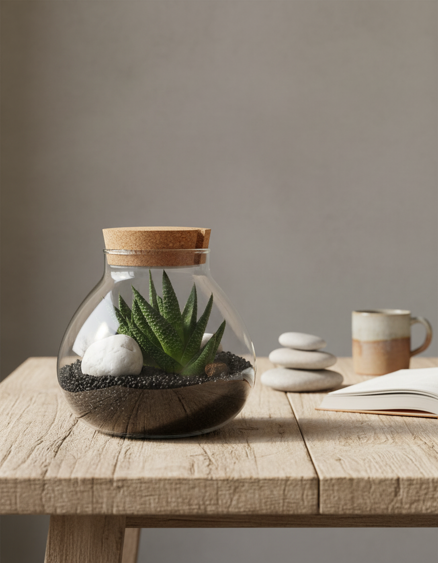 Terrarium végétal décoratif avec plante succulente dans un bocal en verre