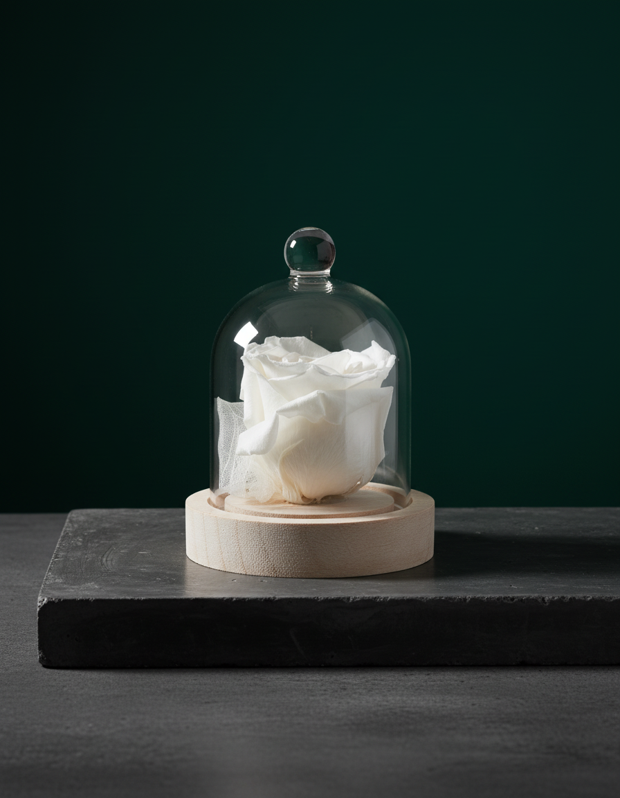 Rose éternelle blanche sous cloche en verre avec bouton décoratif sur socle en bois