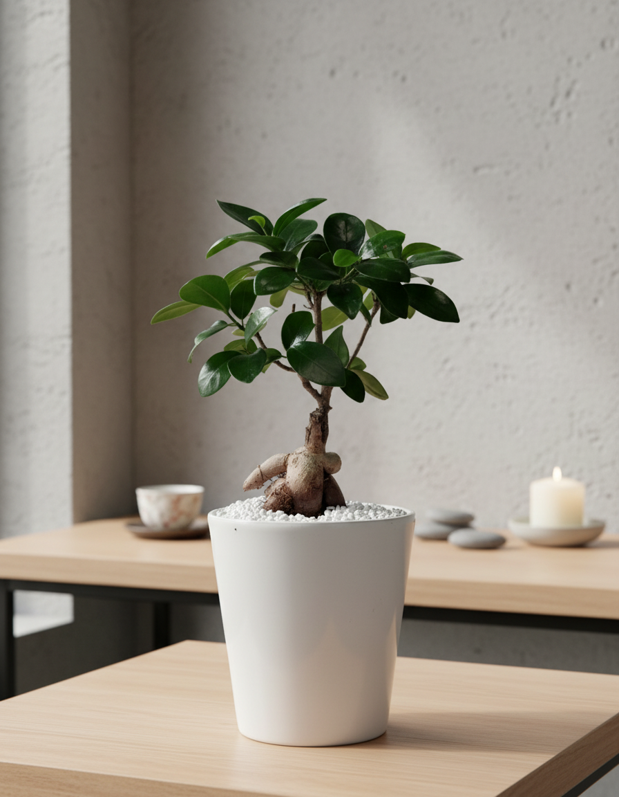 Ficus ginseng avec cache-pot blanc posé sur une table en bois