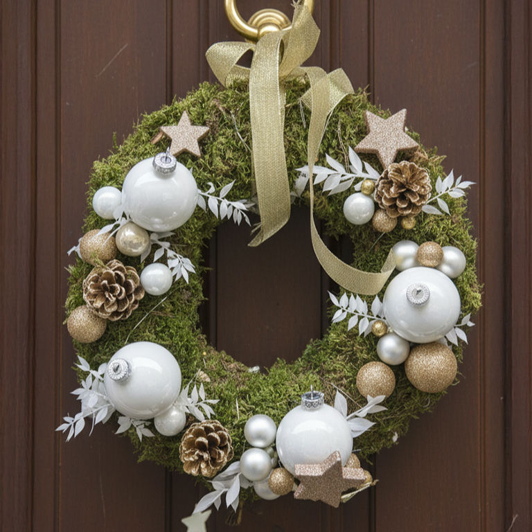 Couronne de Noël en mousse naturelle, décorée de boules blanches, ornements dorés et ruban or, création artisanale.