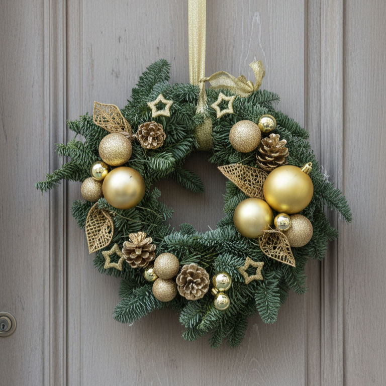 Couronne de Noël artisanale en sapin décorée de boules et éléments dorés, accrochée pour décoration de porte.