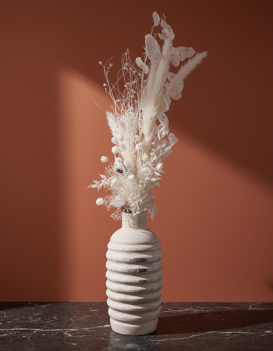 Composition de fleurs séchées blanches dans un vase décoratif texturé