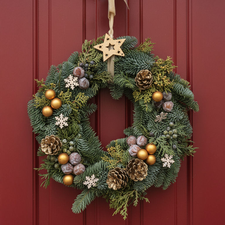 Couronne de Noël naturelle avec étoile en bois, boules orangées, pommes de pin dorées et feuillages.
