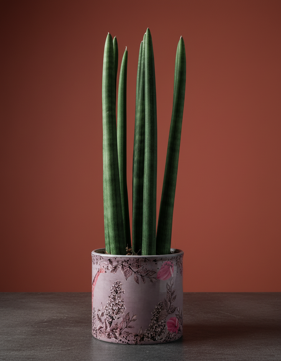 Sansevieria cylindrica avec cache-pot décoratif illustré posé sur une surface sombre
