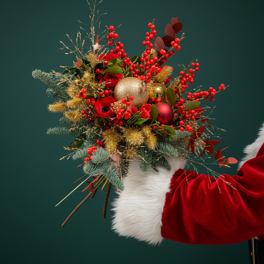 Bouquet de Noël rouge et or avec fleurs rouges, feuillages d’hiver, pommes de pin et boules décoratives