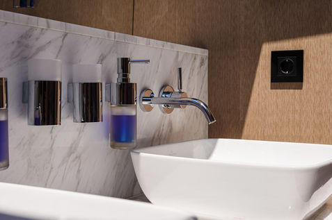 Bathroom of Master bedroom on the super Sirena yacht, close-up shot
