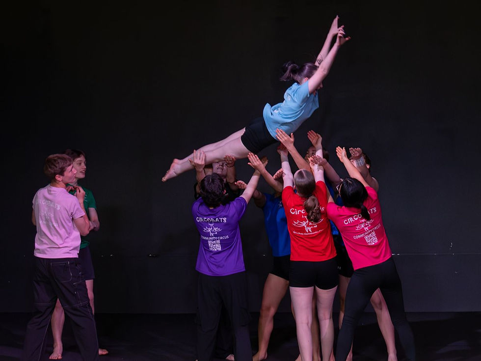 Teenage circus artists throwing and catching a performer in class