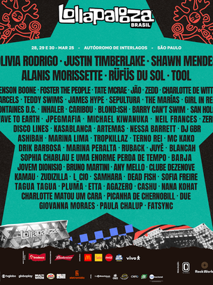 Lollapalooza Brasil 2025 anuncia line-up completo. Entre os nomes estão os headliners Olivia Rodrigo, Justin Timberlake, Shawn Mendes, Alanis Morissette, Rüfüs du Sol e Tool