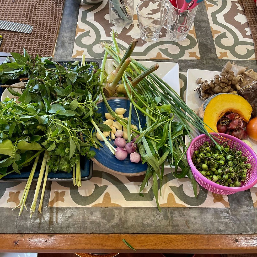 Herbes fraîches utilisées dans la cuisine thaïlandaise et L'Authentique Pâte de Curry Rouge.