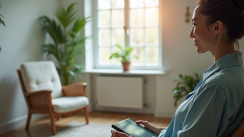 Eye-level view of a quiet counselling room with a comfortable chair and soft lighting