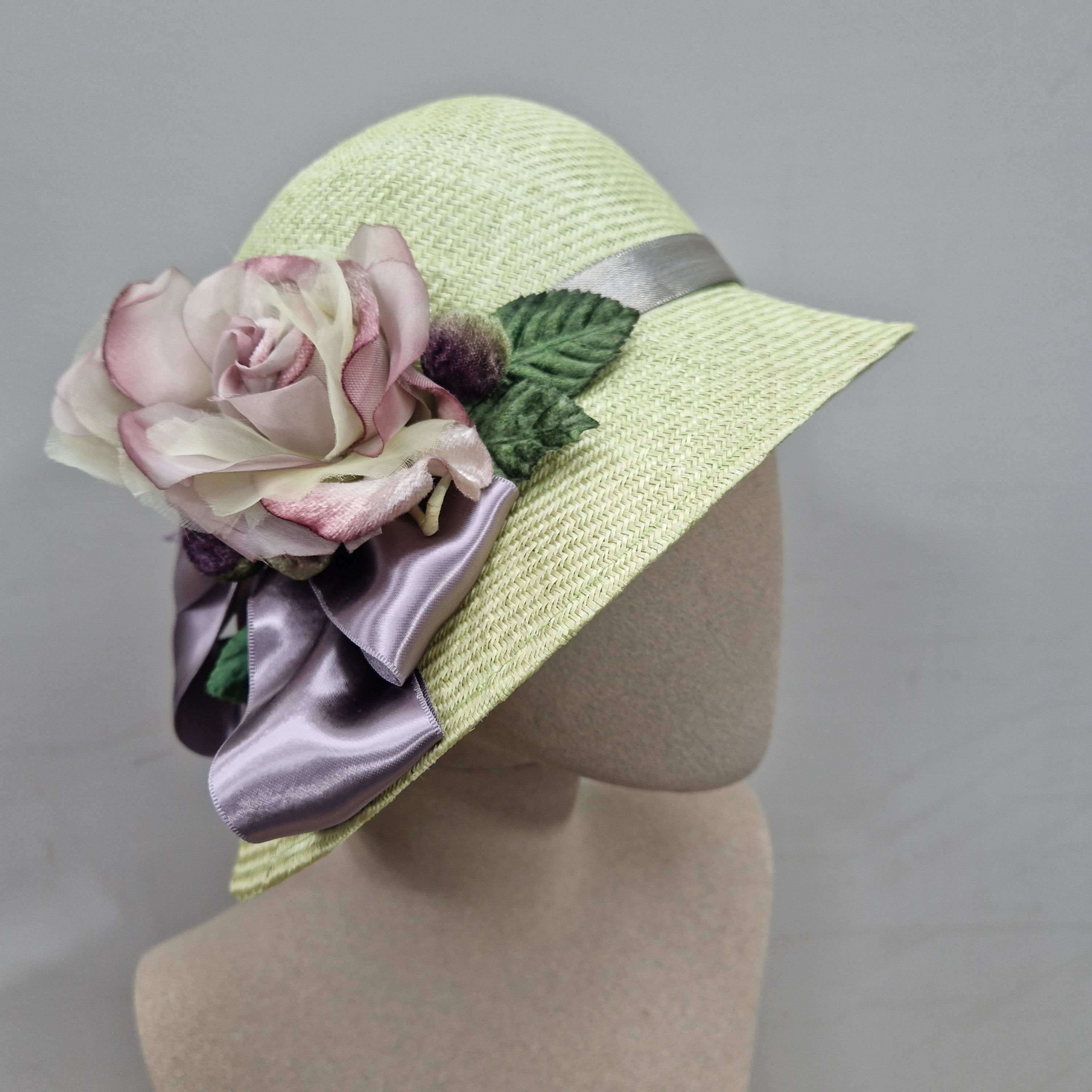 Lime Straw Cloche with Silk & Velvet Flowers