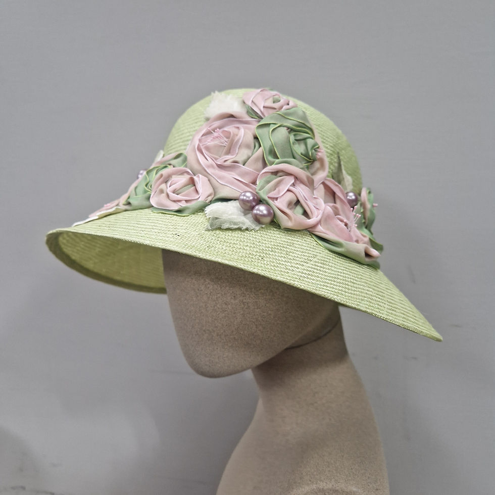 Thumbnail: Wide Brimmed Flapper Hat with Handmade Ribbon Flowers