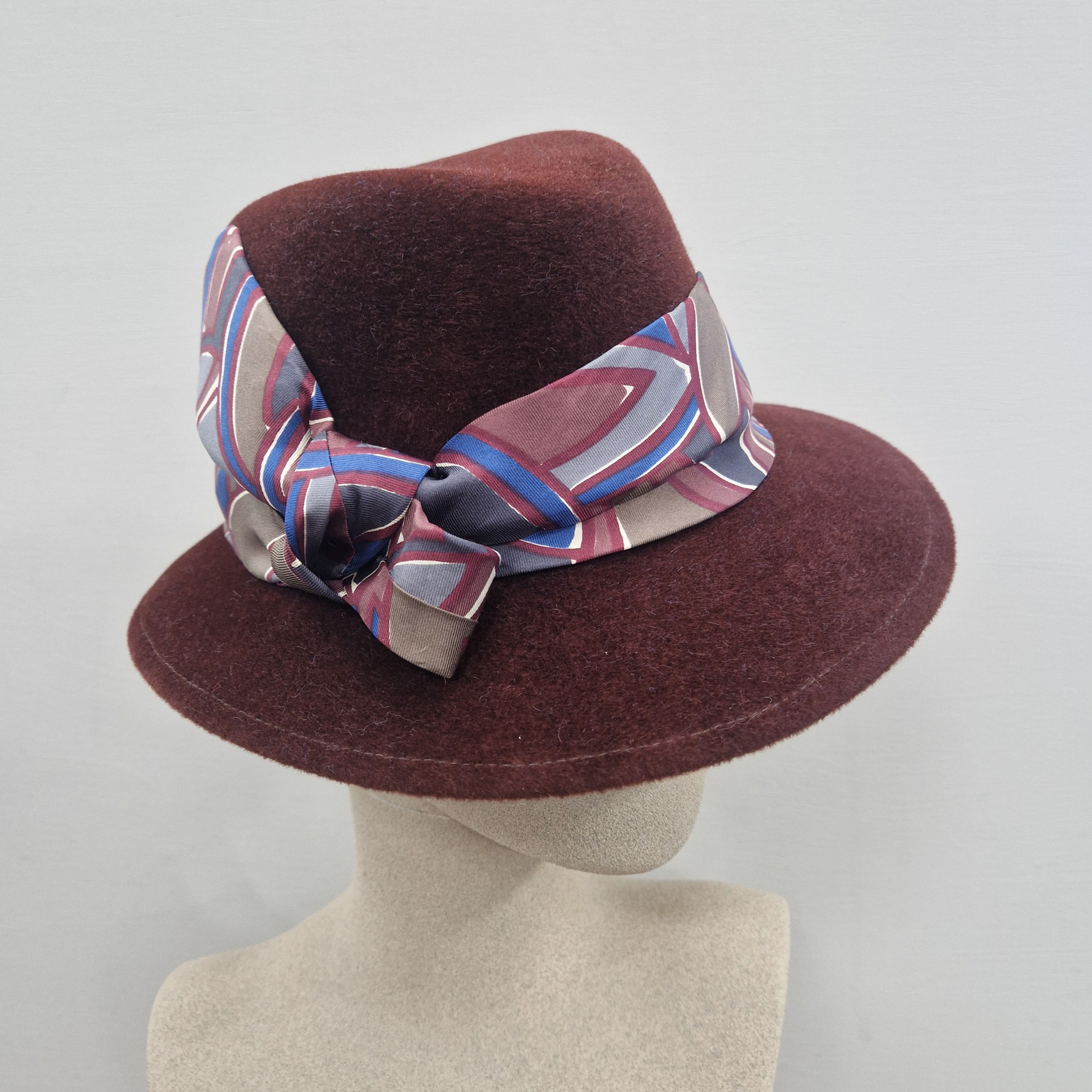 Tamarind Brown Velour Fedora with Knotted Silk Necktie