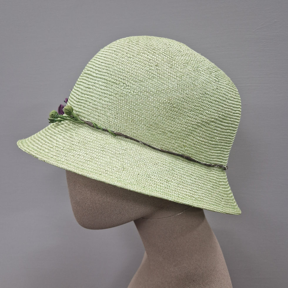 Thumbnail: Lime Straw Cloche with Handmade French Wire Ribbon Flowers